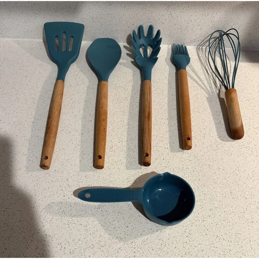 6 Silicone Cooking Utensils w/ Wooden Handles + 2 Pcs As Gift